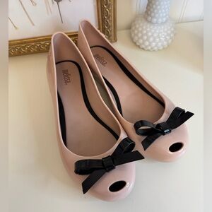 Melissa Pink Shoes With Black Bow Size 8 Jelly Shoes Flats Peep Toe